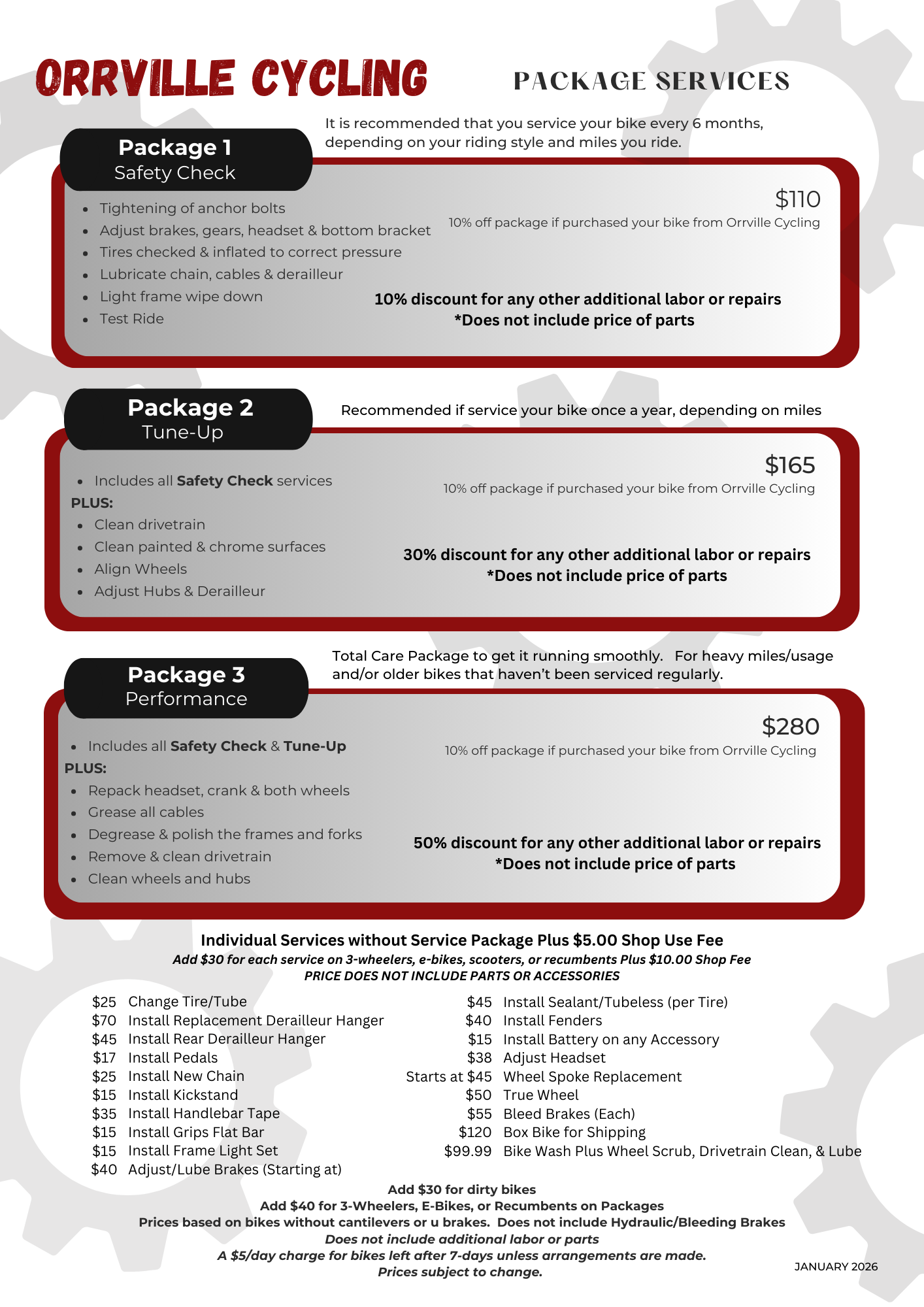 A flyer for Orrville Cycling detailing three service packages: Safety Check, Tune-Up, and Performance, with prices and discounts.