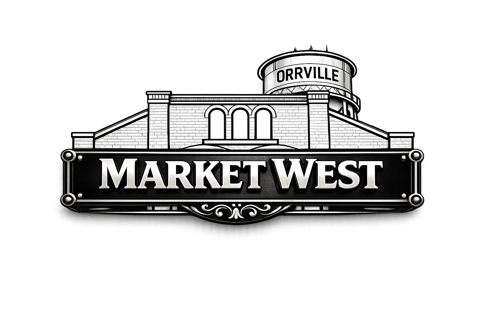 Black and white illustration of a building with a sign that reads "Market West" and a round water tower on top with the word "Orrville".
