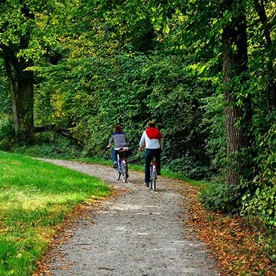 Scenic landscape of rolling green hills leading up to rugged mountains with snowy peaks in the distance, under a cloudy sky.