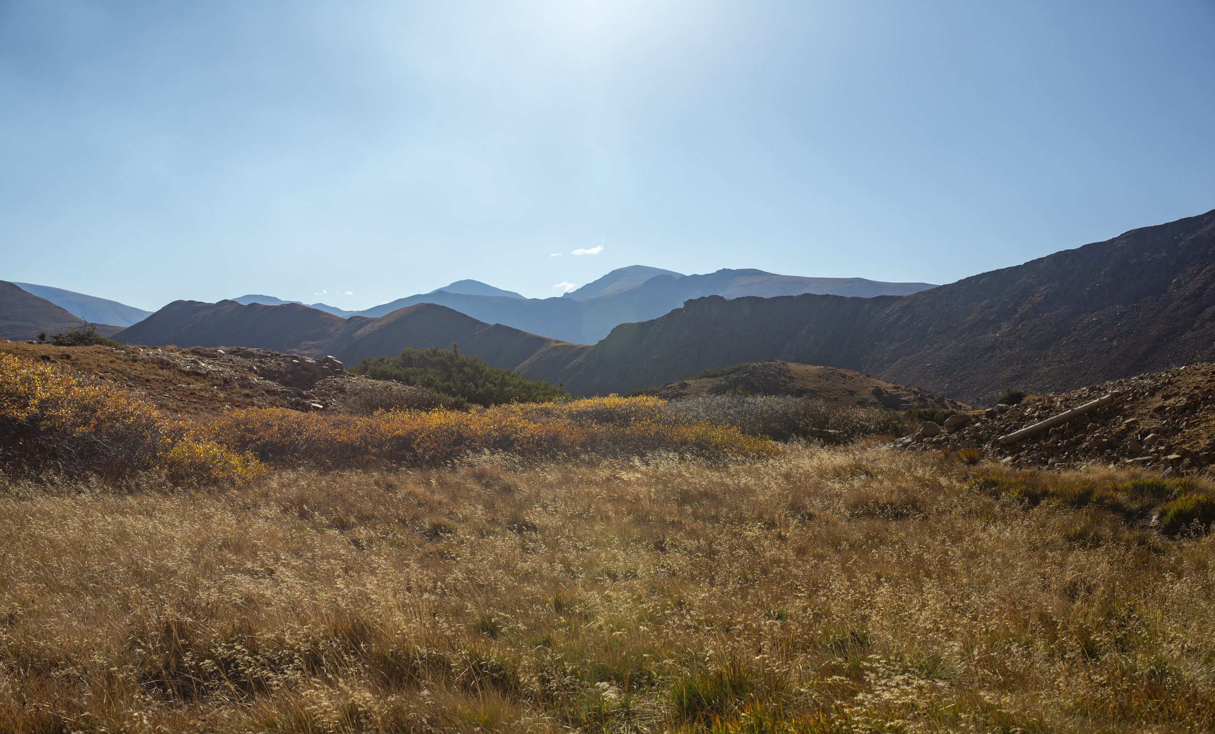 A mountainous landscape with dry, brown grass in the foreground, scattered bushes, and mountain peaks in the background under a clear blue sky.