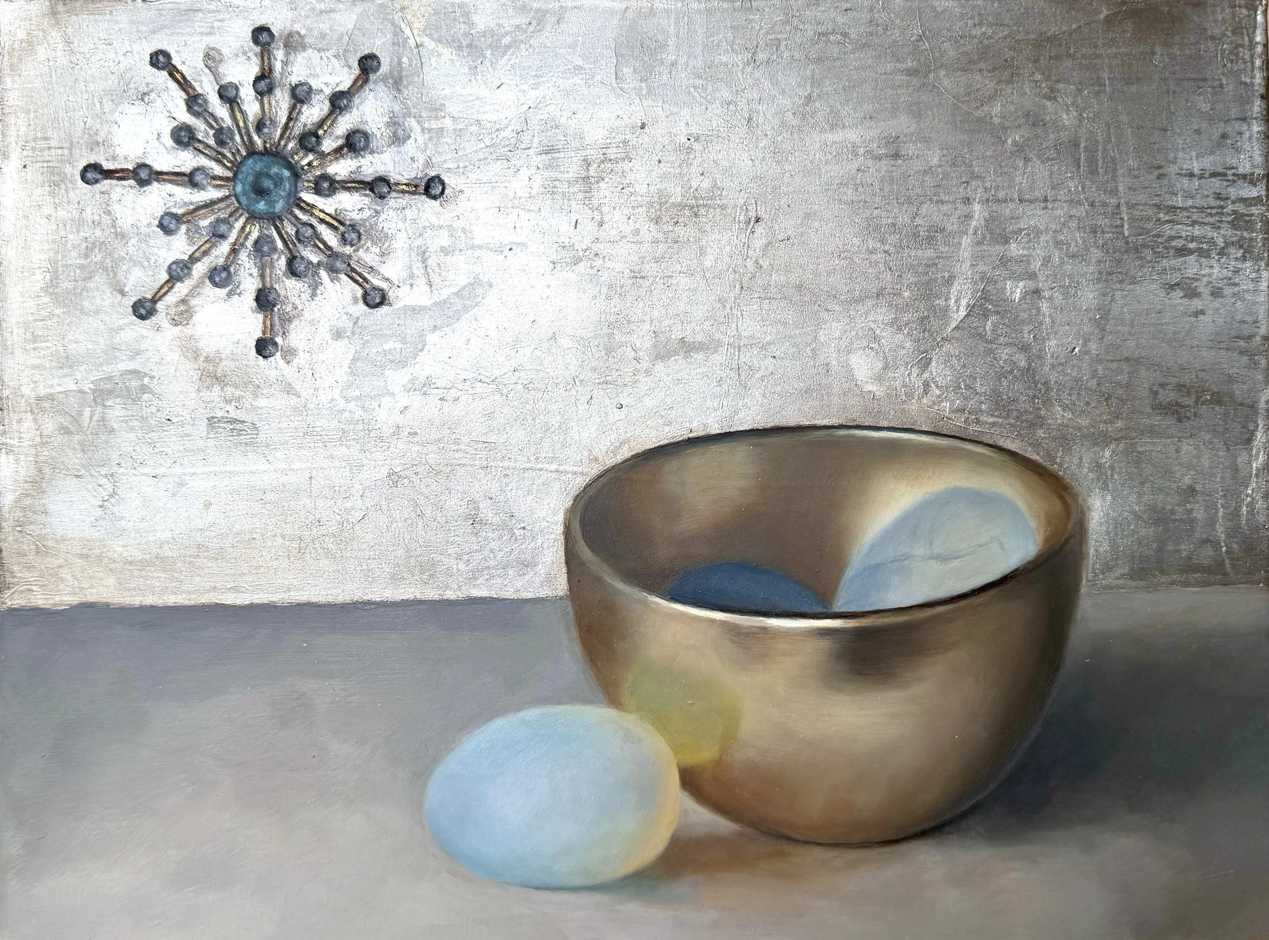 'Bowl and Egg' 12"x9" Oil with  Silver Leaf on Panel 