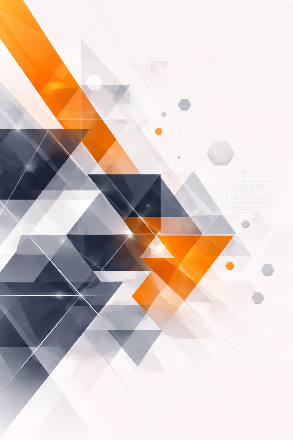 Abstract geometric design with orange, black, white, and gray triangles and hexagons.