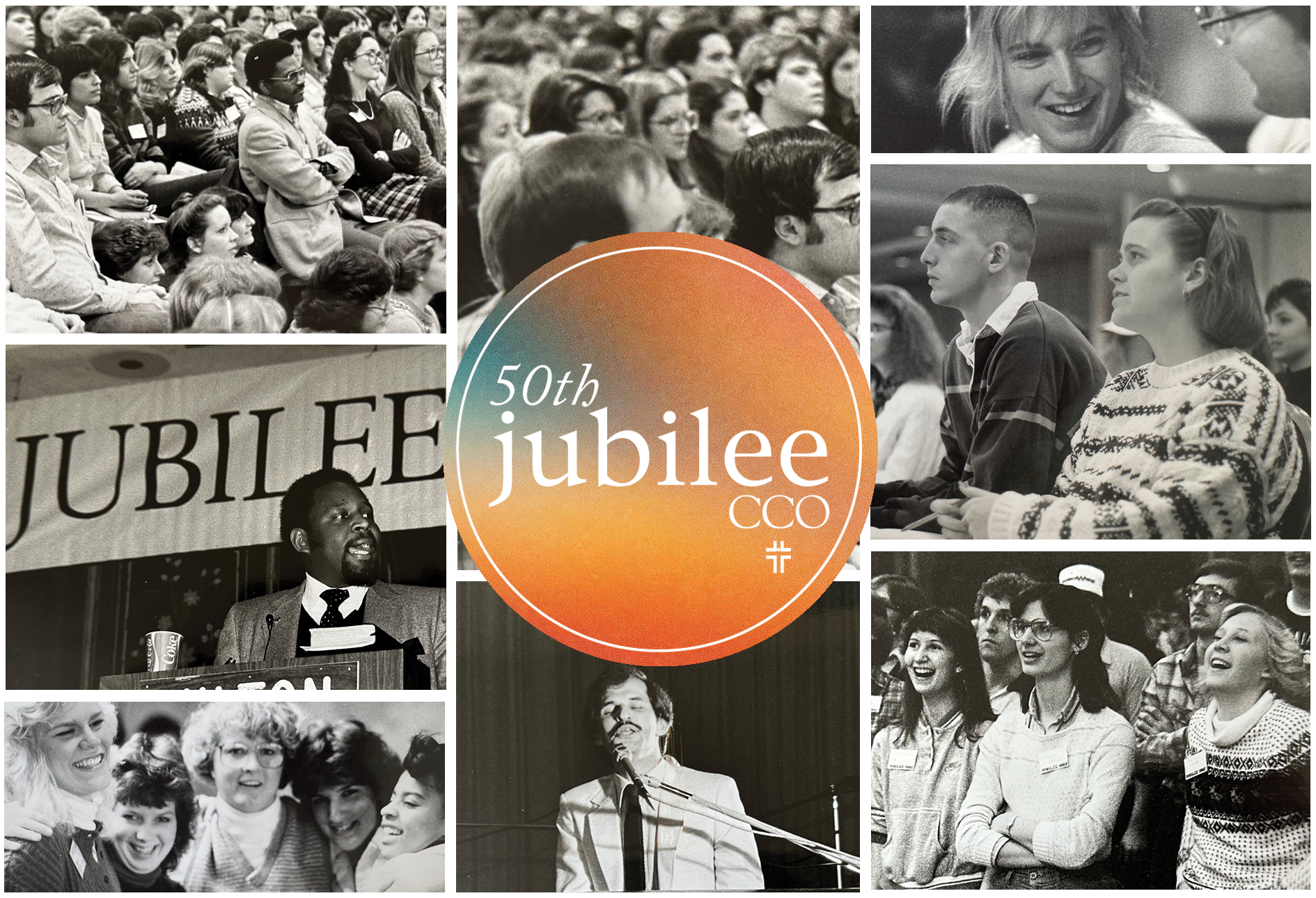 Collage of black and white photos of diverse groups of people attending a celebration event, with a central orange circle featuring the text '50th jubilee cc'.