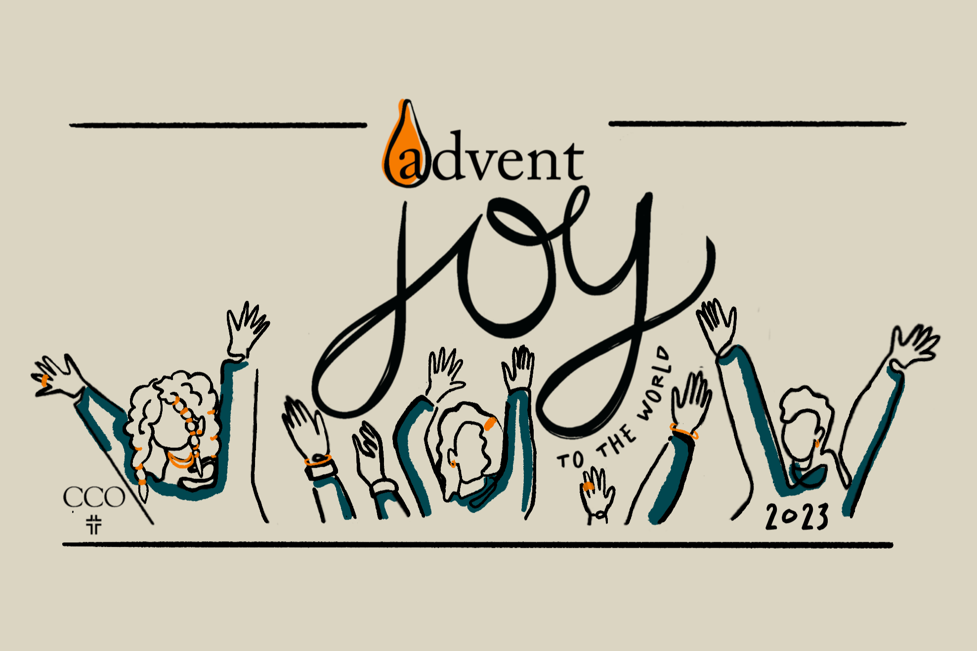Illustration of children with raised hands celebrating the 2023 Advent Joy event, with the words 'advent joy to the world' and some orange and black accents.
