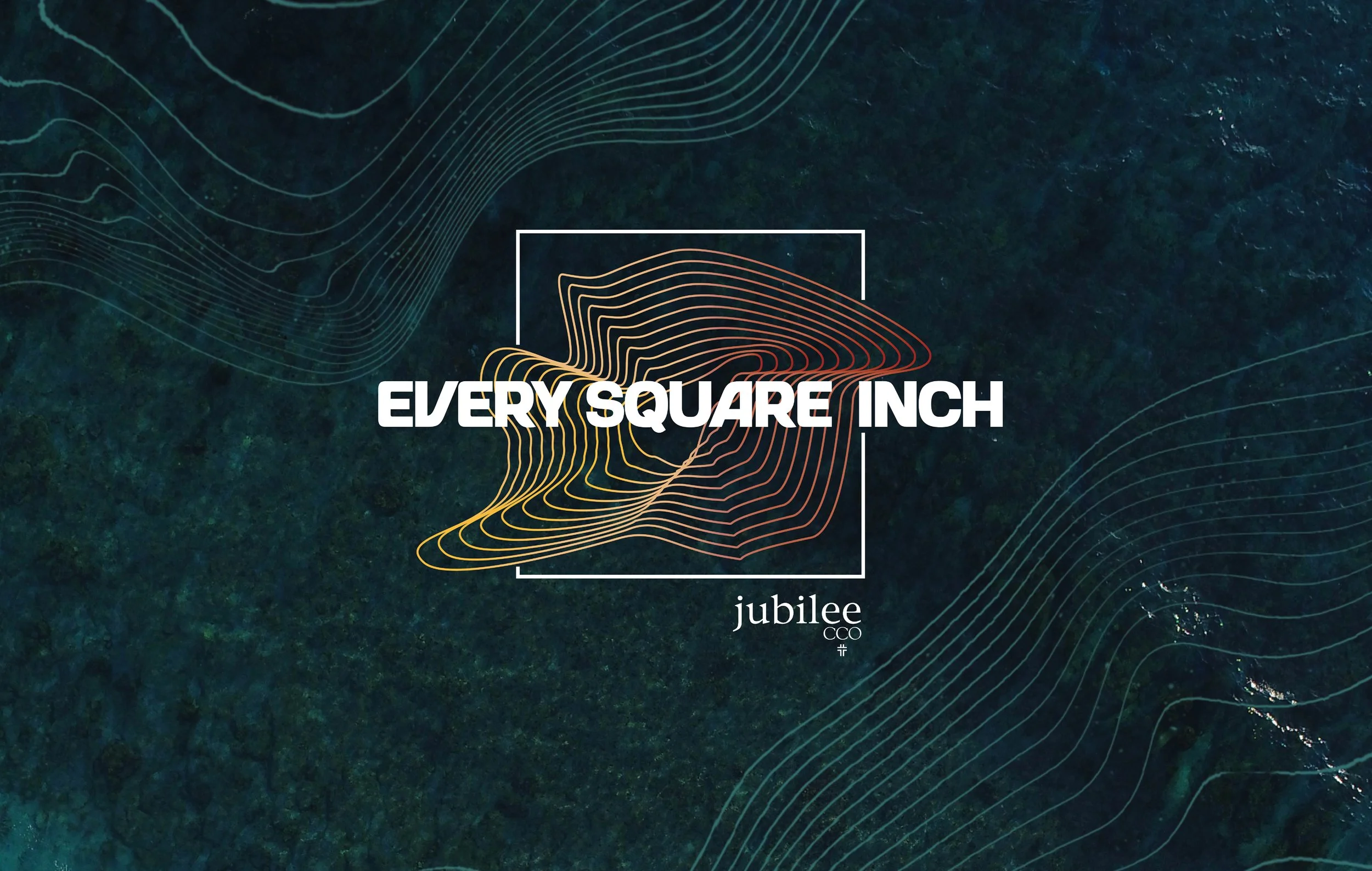 Overhead view of dense green forest with animated contour lines overlay indicating elevation, with the text 'Every Square Inch' and the logo 'Jubilee CCO' in the center.