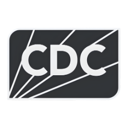 CDC logo with stylized lines and white text on a dark background
