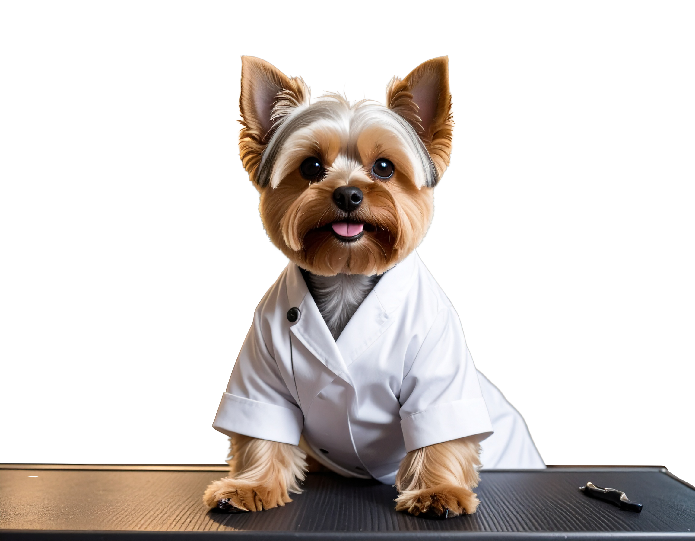 A dog wearing a white chef's coat and standing on a black stainless steel counter.