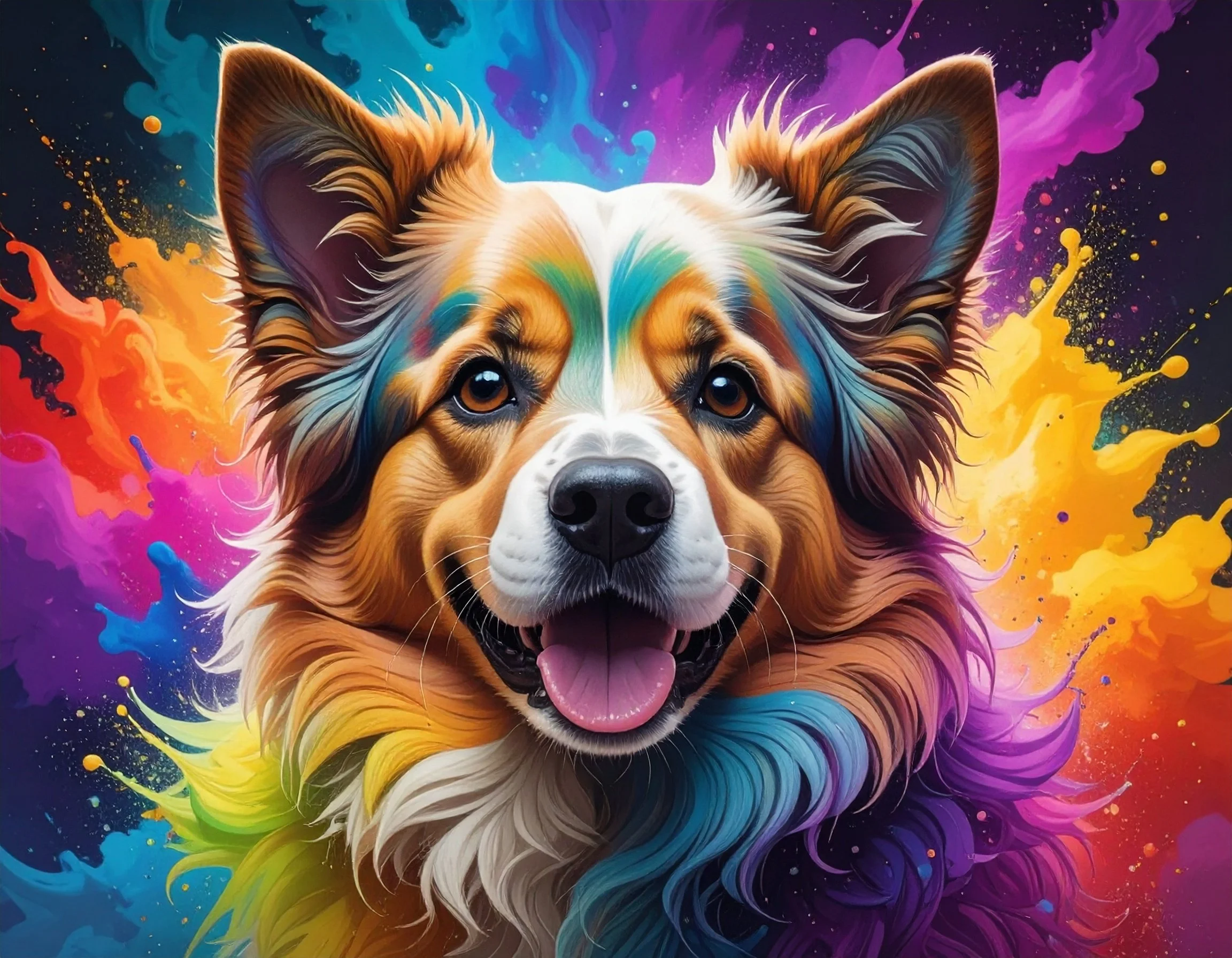 Colorful, artistic depiction of a dog with a cheerful expression, surrounded by vibrant splashes of paint in shades of orange, pink, yellow, green, blue, and purple.