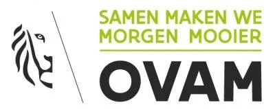 Logo with a stylized lion's face on the left and German text 'Samen maken we morgen mooier' above the bold acronym 'OVAM'.