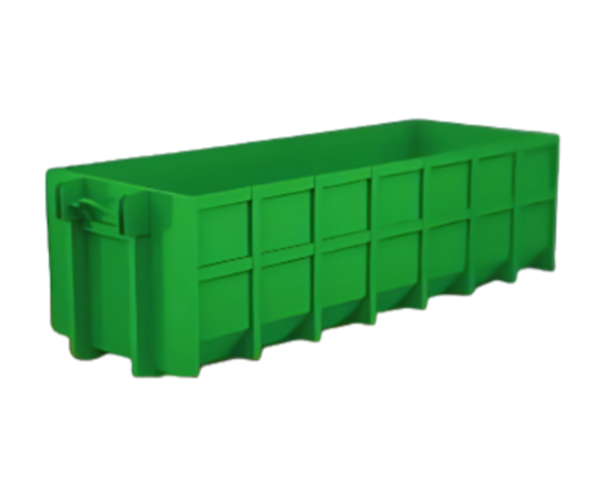 Green plastic container or planter box with a rectangular shape.