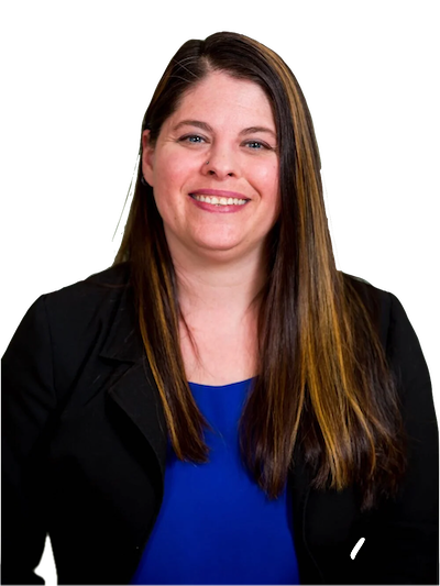 A woman with long brown hair wearing a black blazer and a blue top, smiling at the camera.