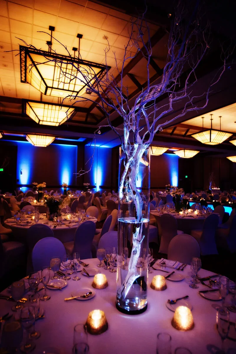 Elegant banquet hall decorated for a formal event with multiple round tables, each set with glassware and silverware, illuminated by warm and blue lighting. A tall glass vase with illuminated, twisted, leafless branches serves as the centerpiece.