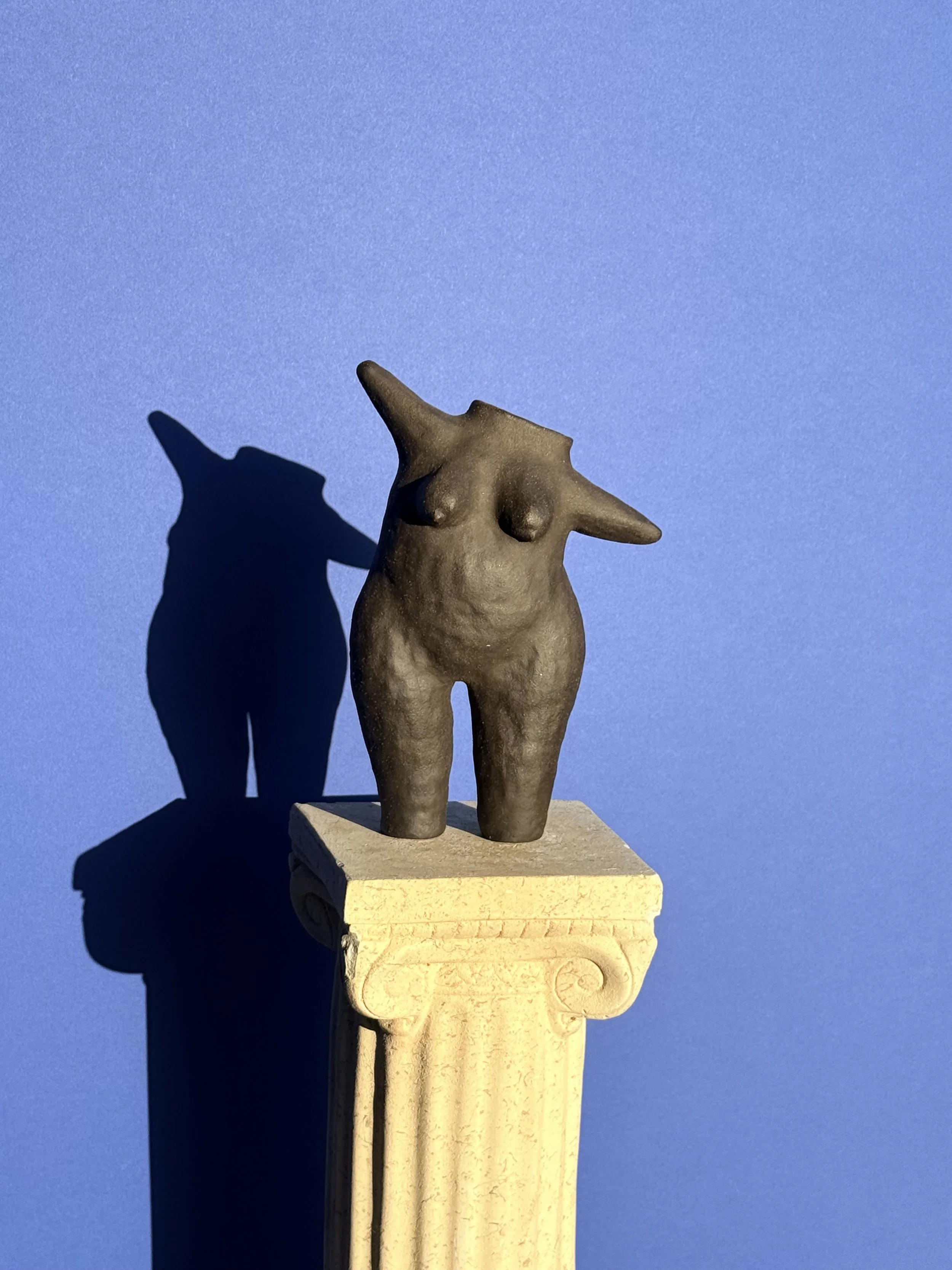 A sculpture of a humanoid torso without a head or arms, made of dark material, standing on a classical-style column against a blue background. Its shadow is cast on the wall.