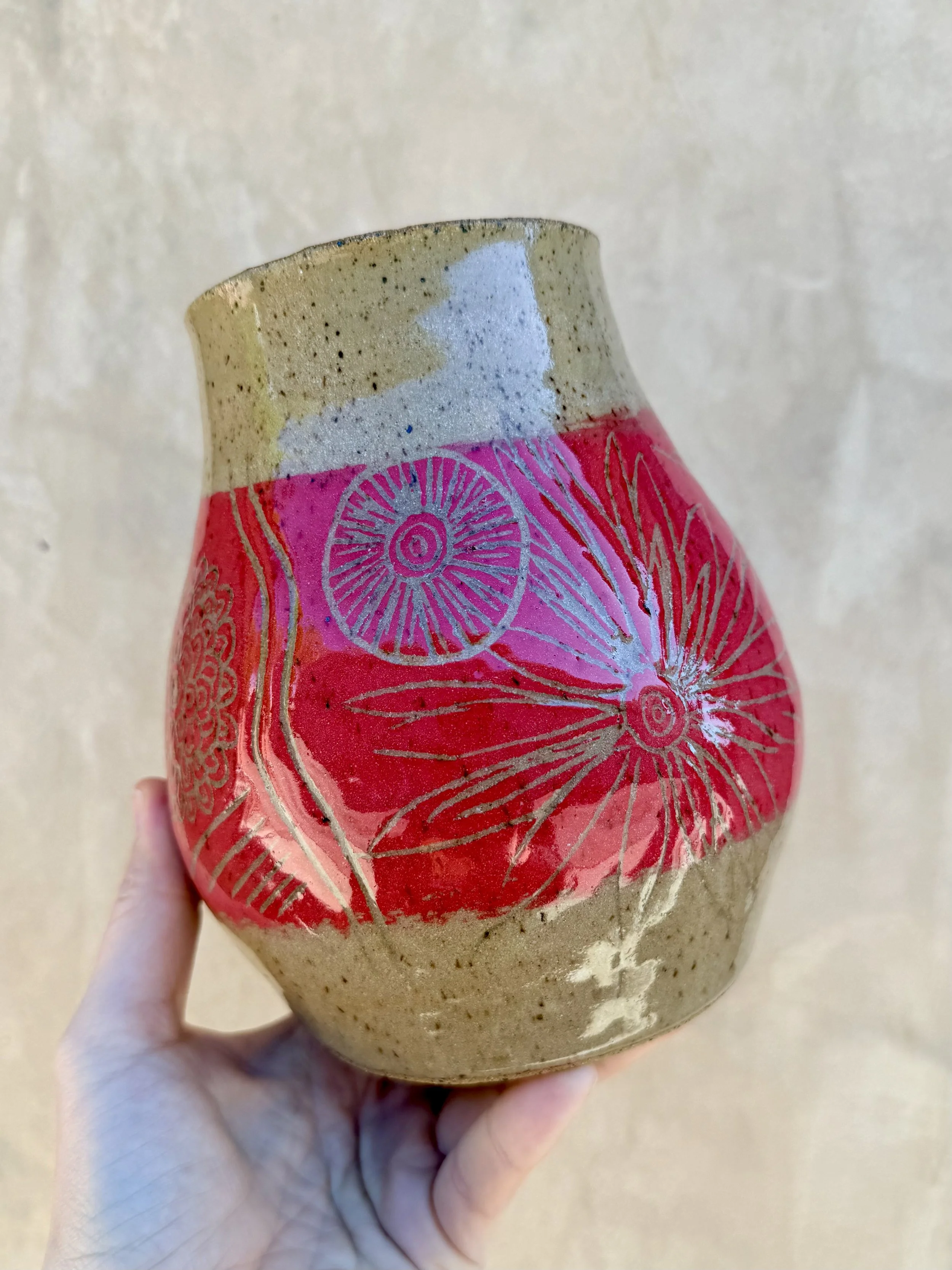floral etchings stoneware vase in hand, Long Beach CA