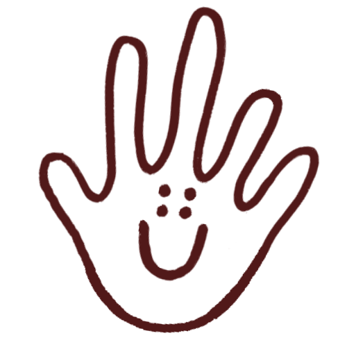 Illustration of a hand with a smiley face, made with simple lines and dots.