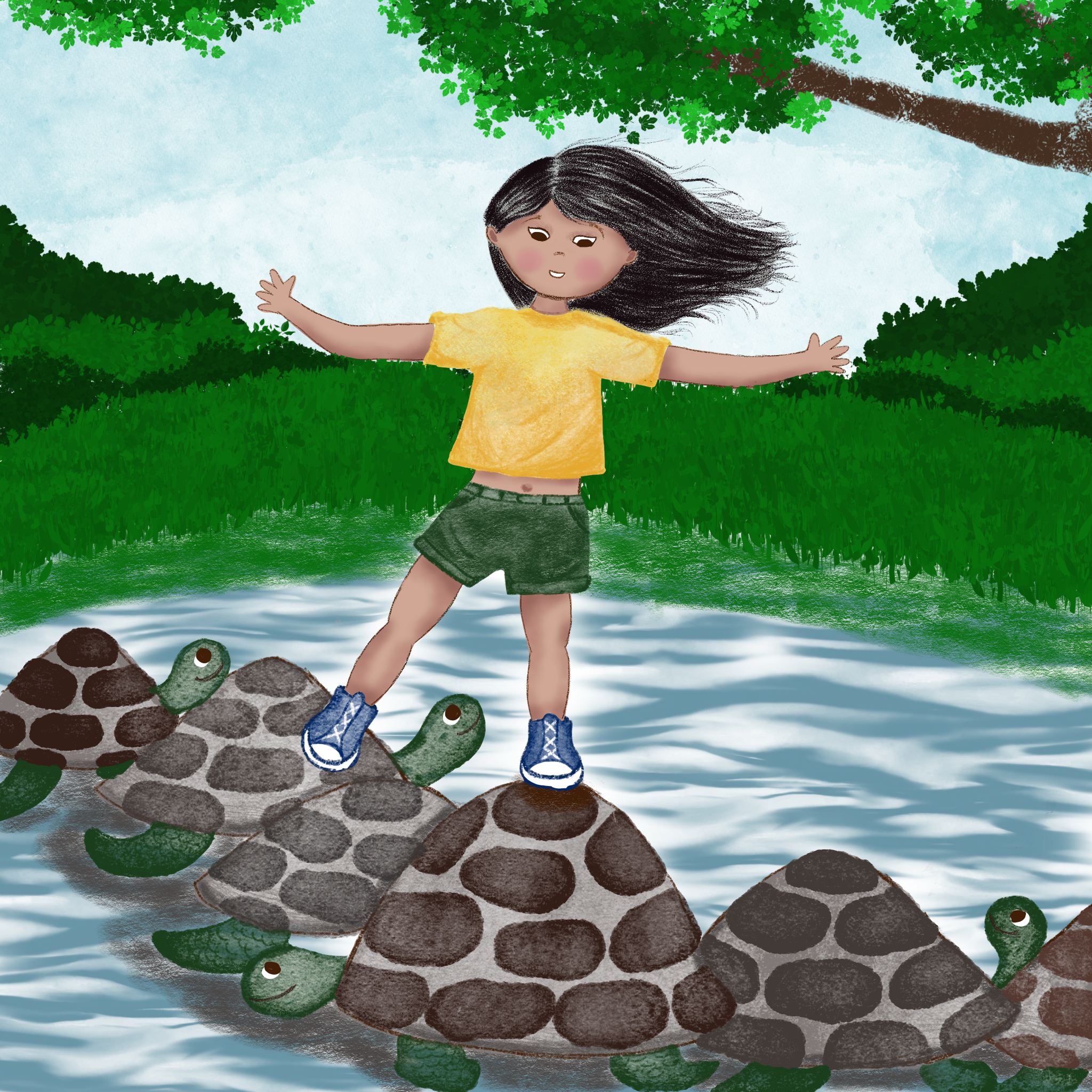 Children’s book illustration of a girl balancing on top of a stack of playful turtles.