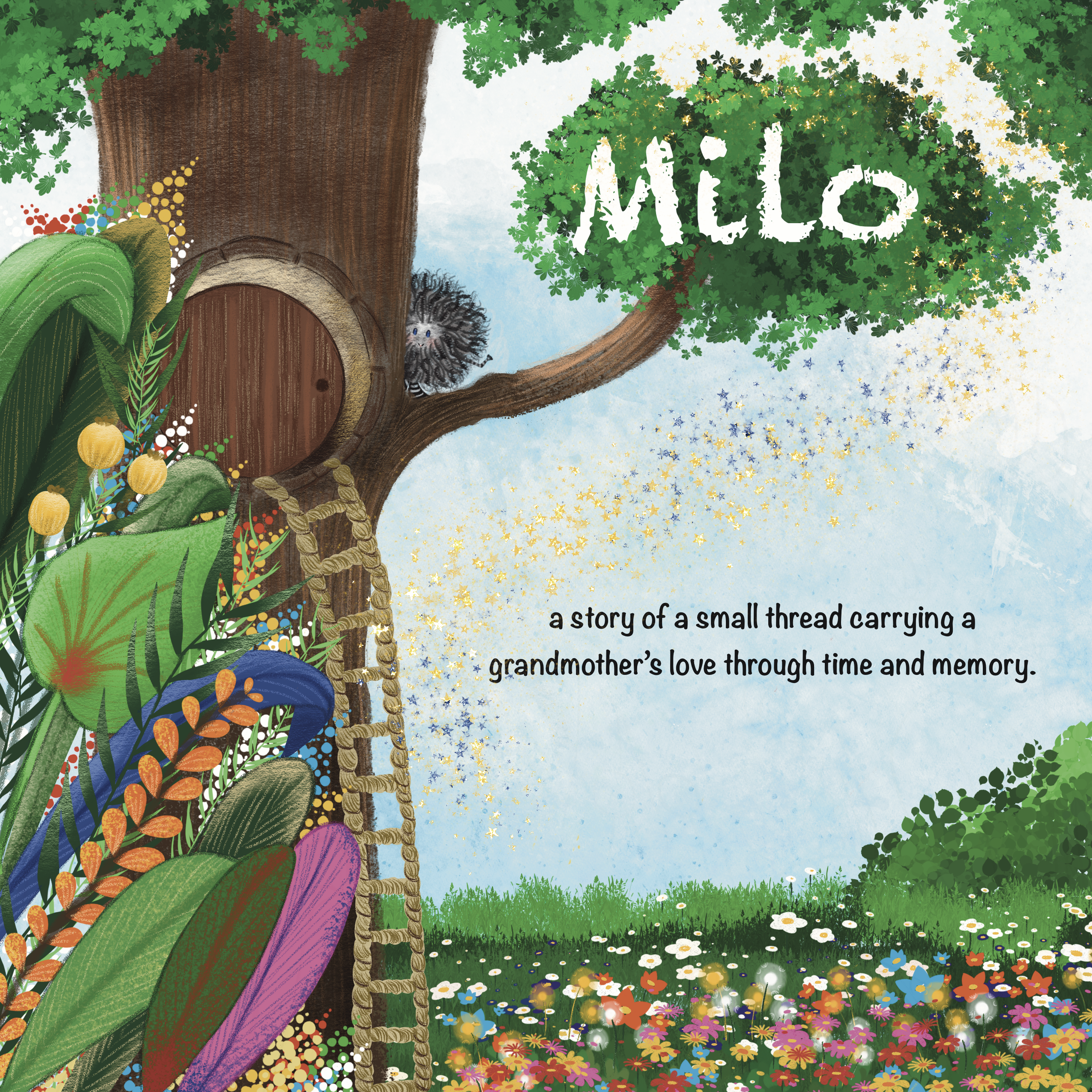 Children’s book illustration by Cristina Dekle showing Milo and his friends in a magical flower forest.