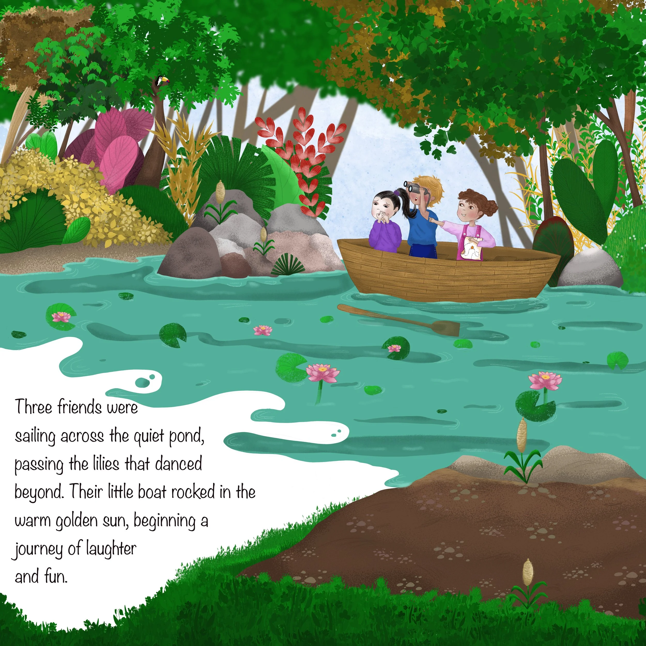 Children’s book illustration of three children exploring a lake together on an outdoor adventure.