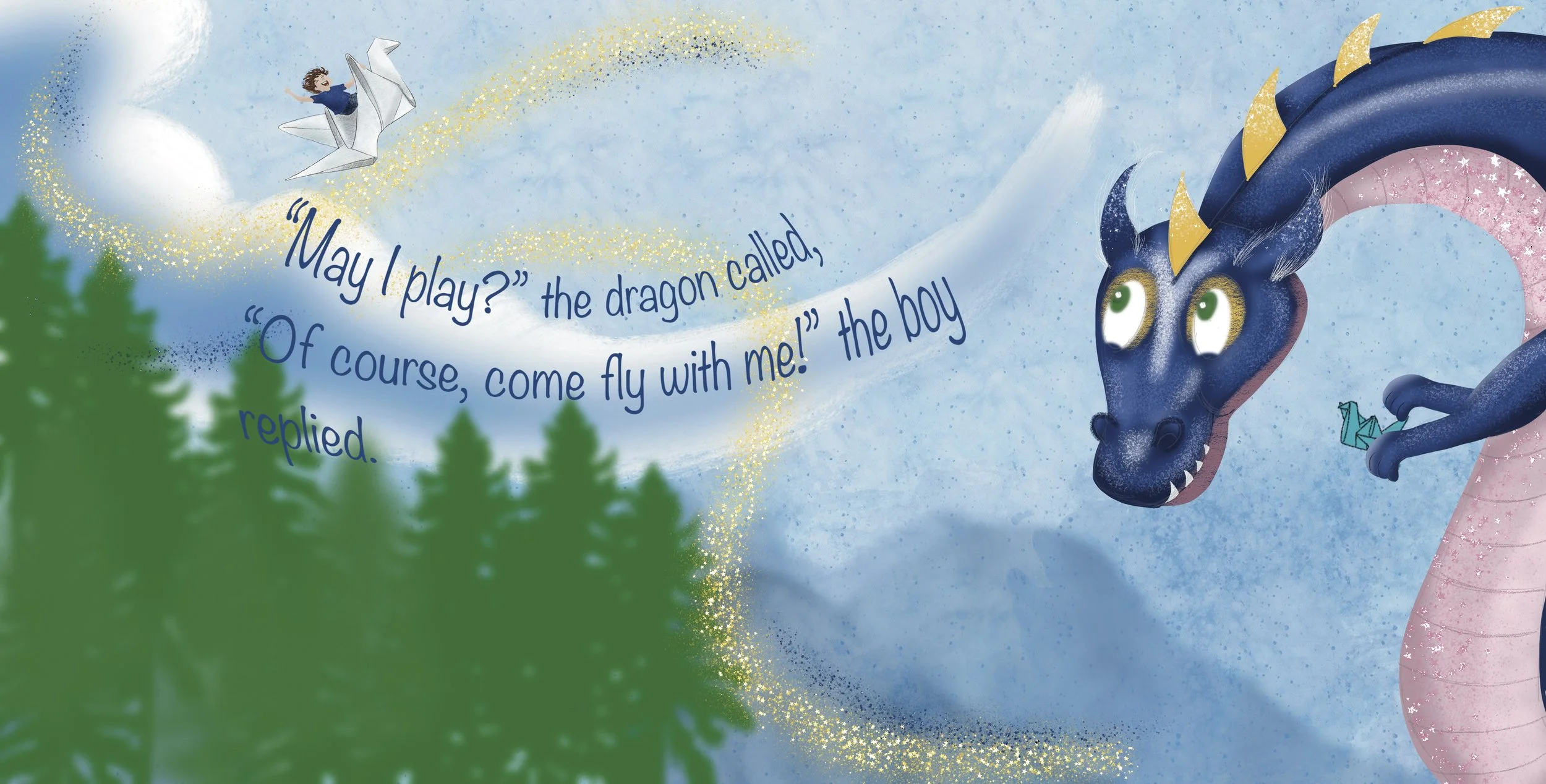 Children’s book illustration of a boy flying through the sky and a shy-friendly dragon.