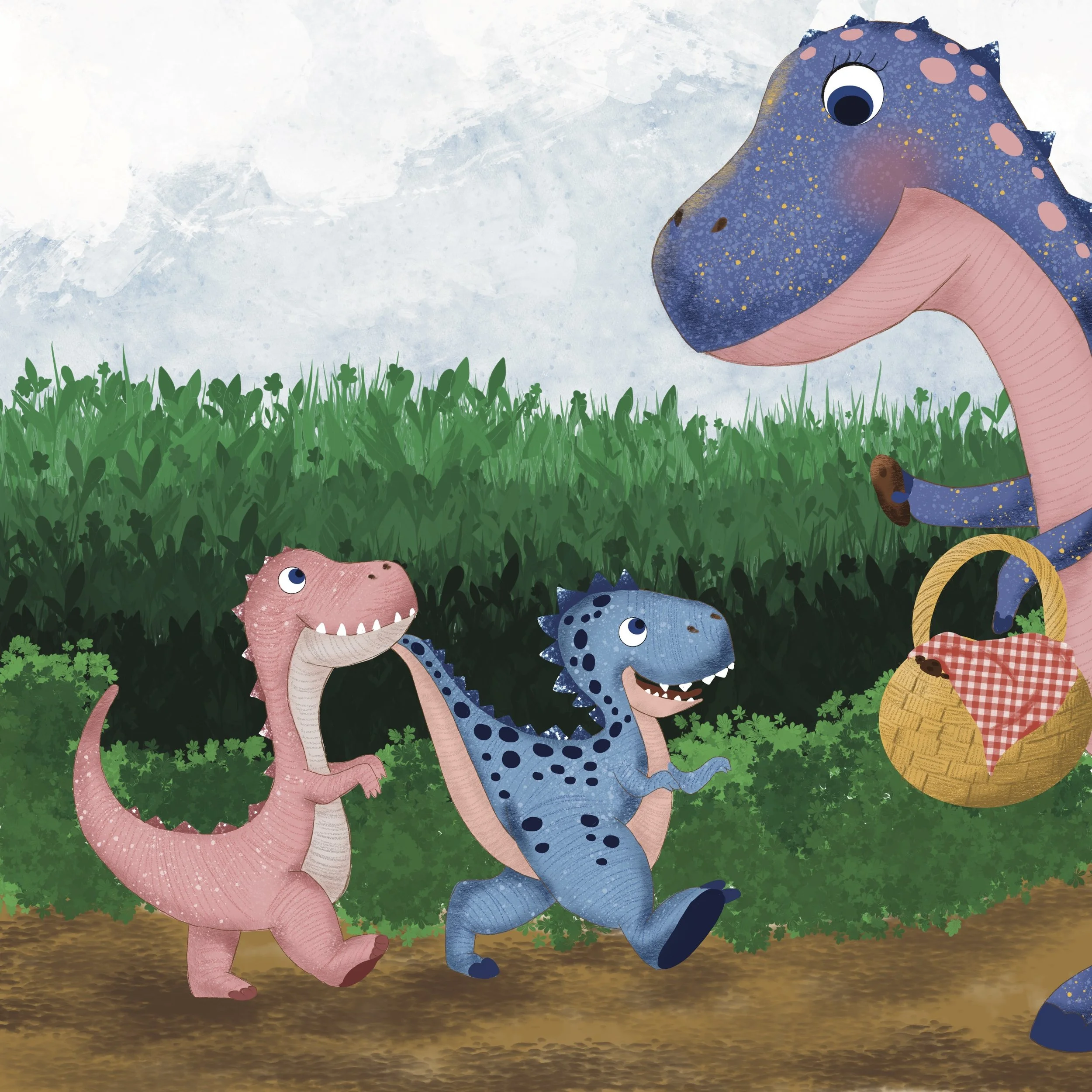 Children’s book illustration by Cristina Dekle of three colorful dinosaurs having a cookie party outdoors.