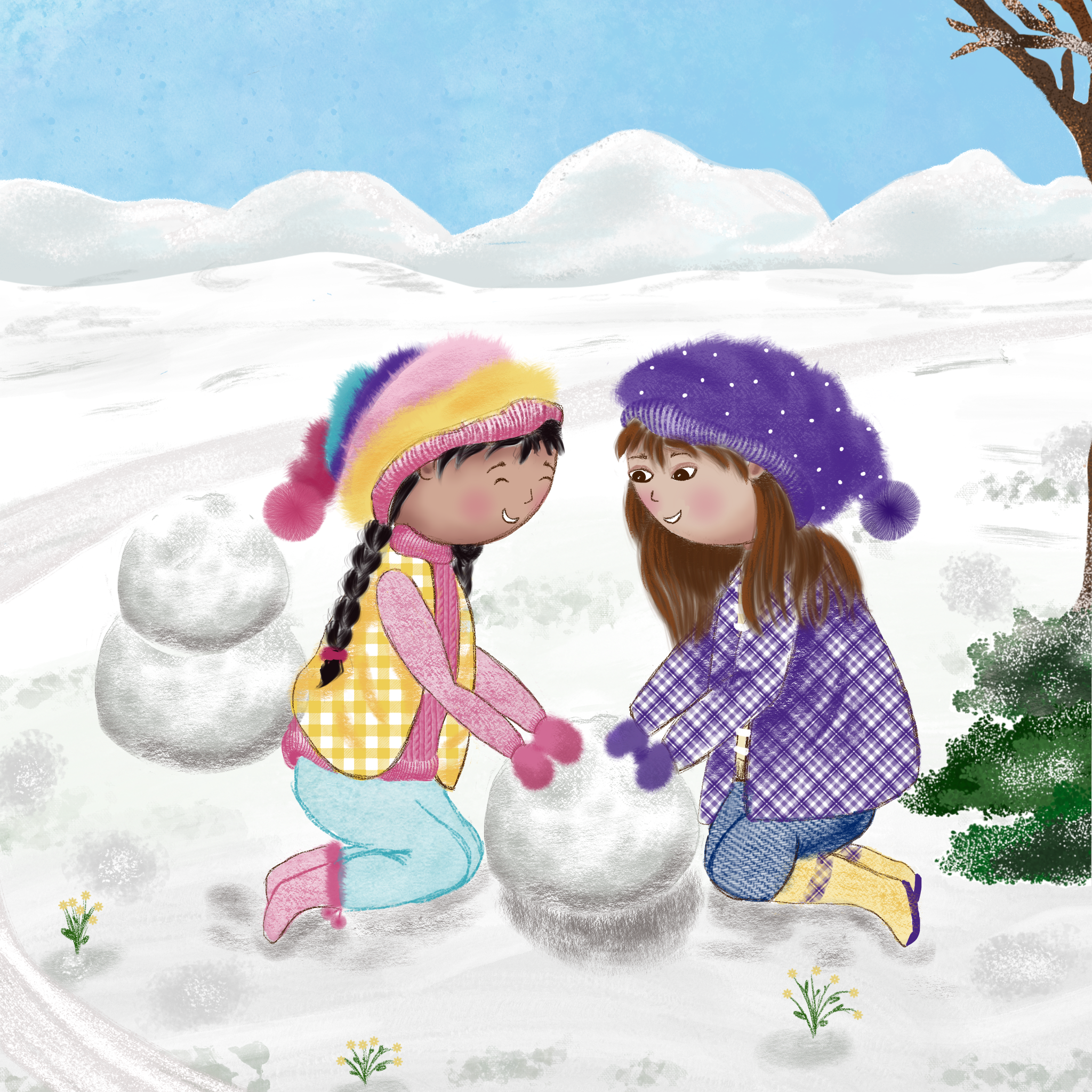 Children’s book illustration of two girls building a snowman together on a snowy winter day.