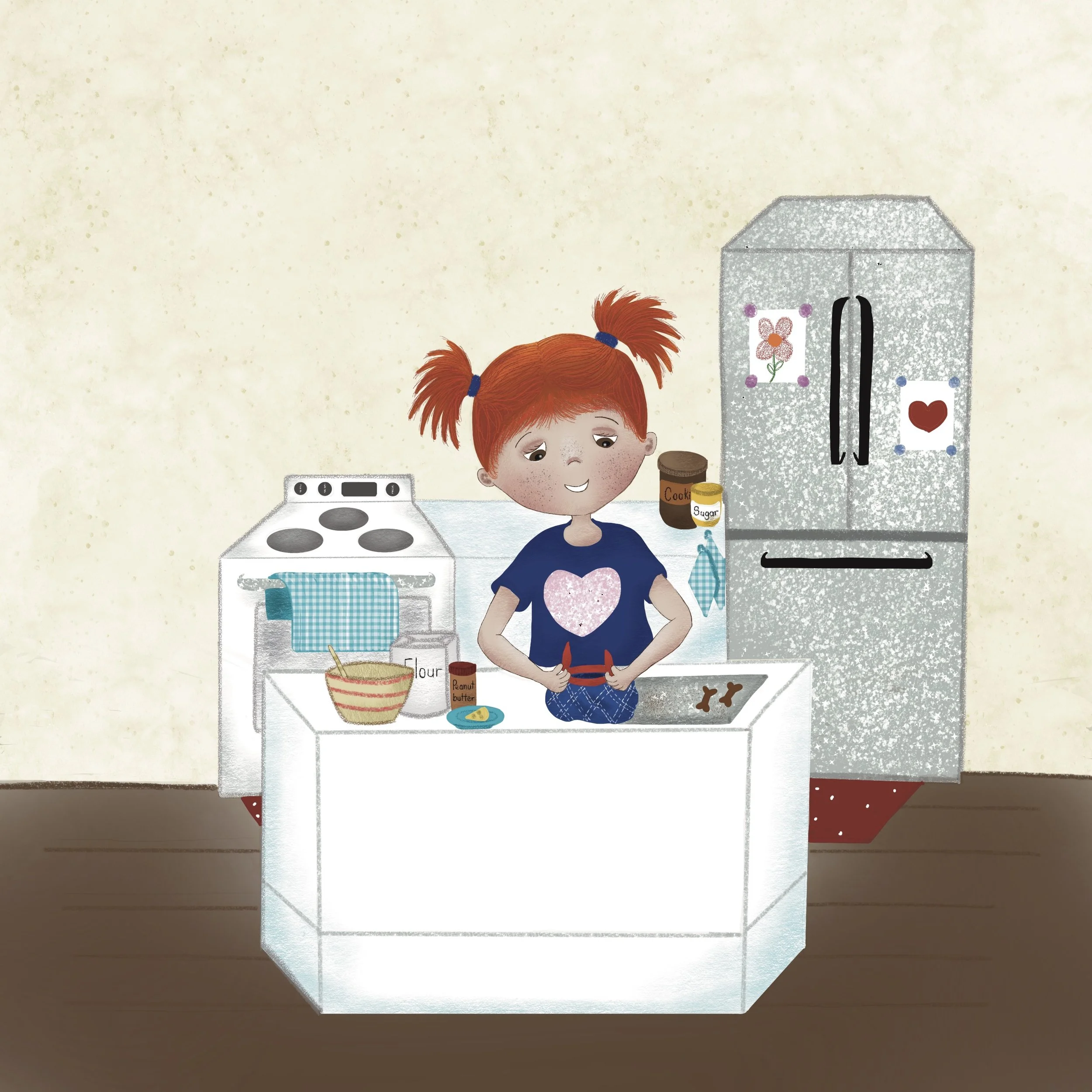 Picture book illustration by Cristina Dekle where Lilly makes cookies to bring Samson some happiness so he can stop being a grumpy dog.