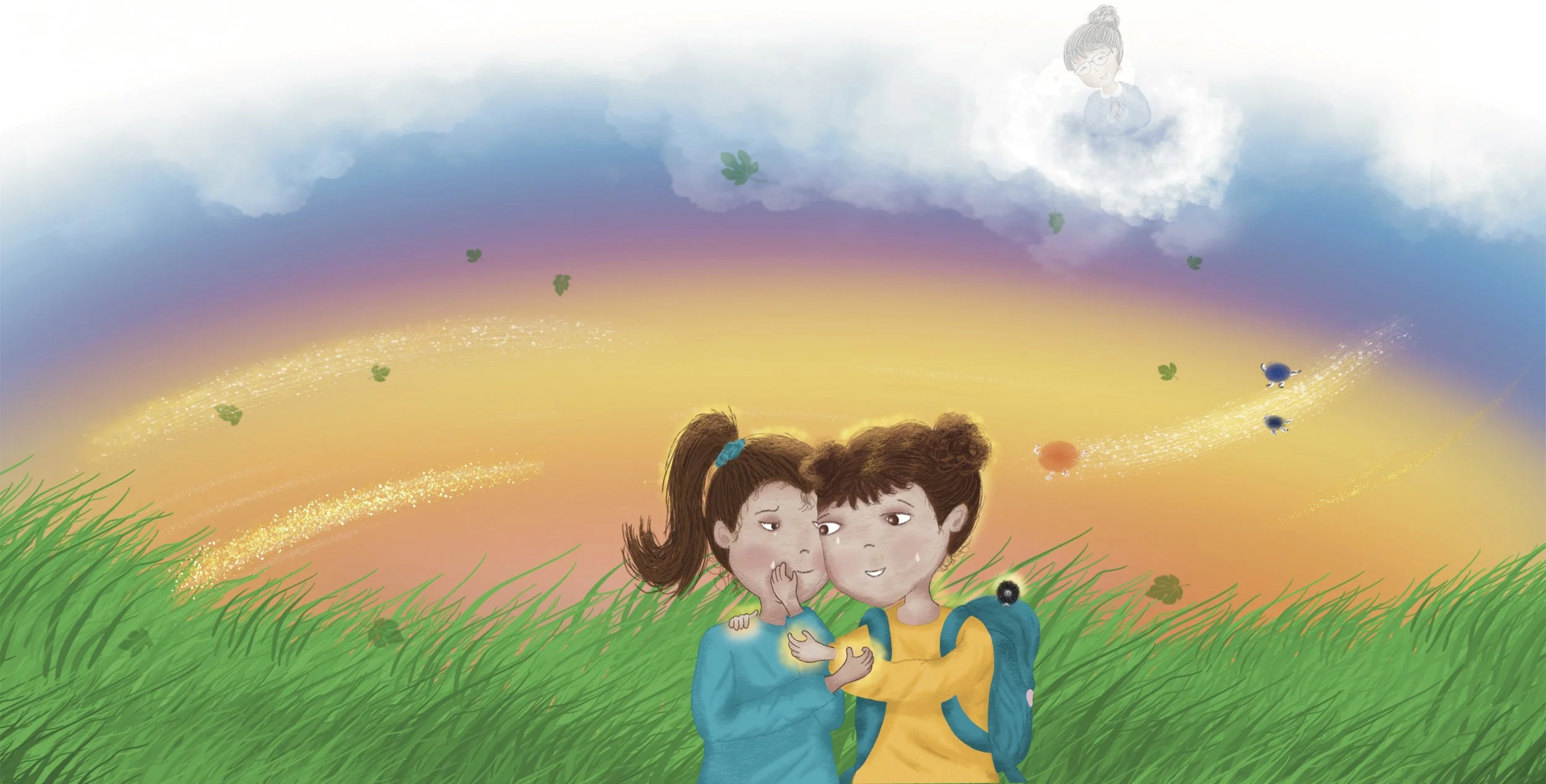 Picture book illustration by Cristina Dekle of two girls crying with emotion in the magic forest thinking about their grandmother