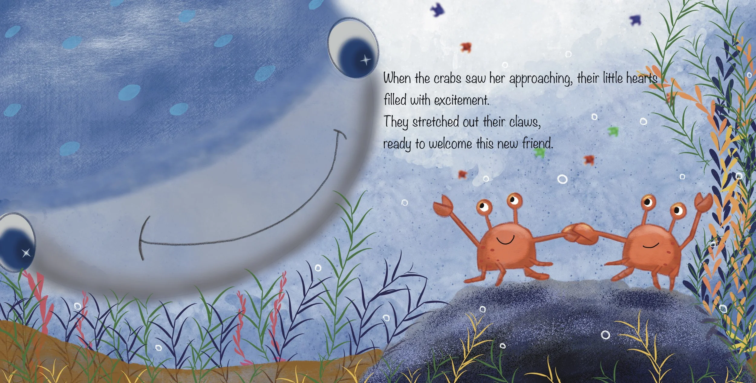 Children’s book illustration by Cristina Dekle of a friendly whale and playful crabs in an underwater ocean scene.