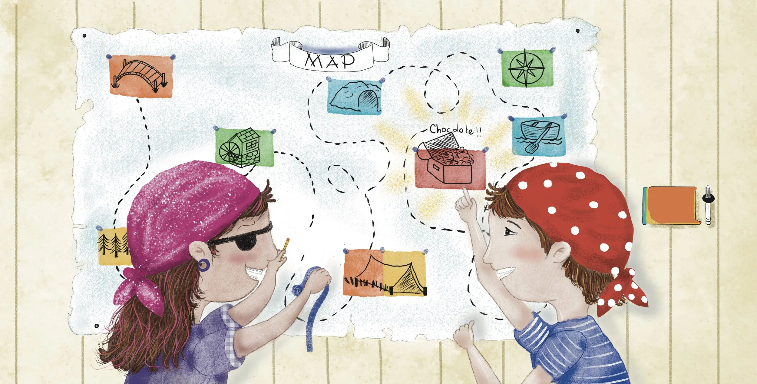 Children’s book illustration by Cristina Dekle of two children exploring outdoors together while looking at a map.