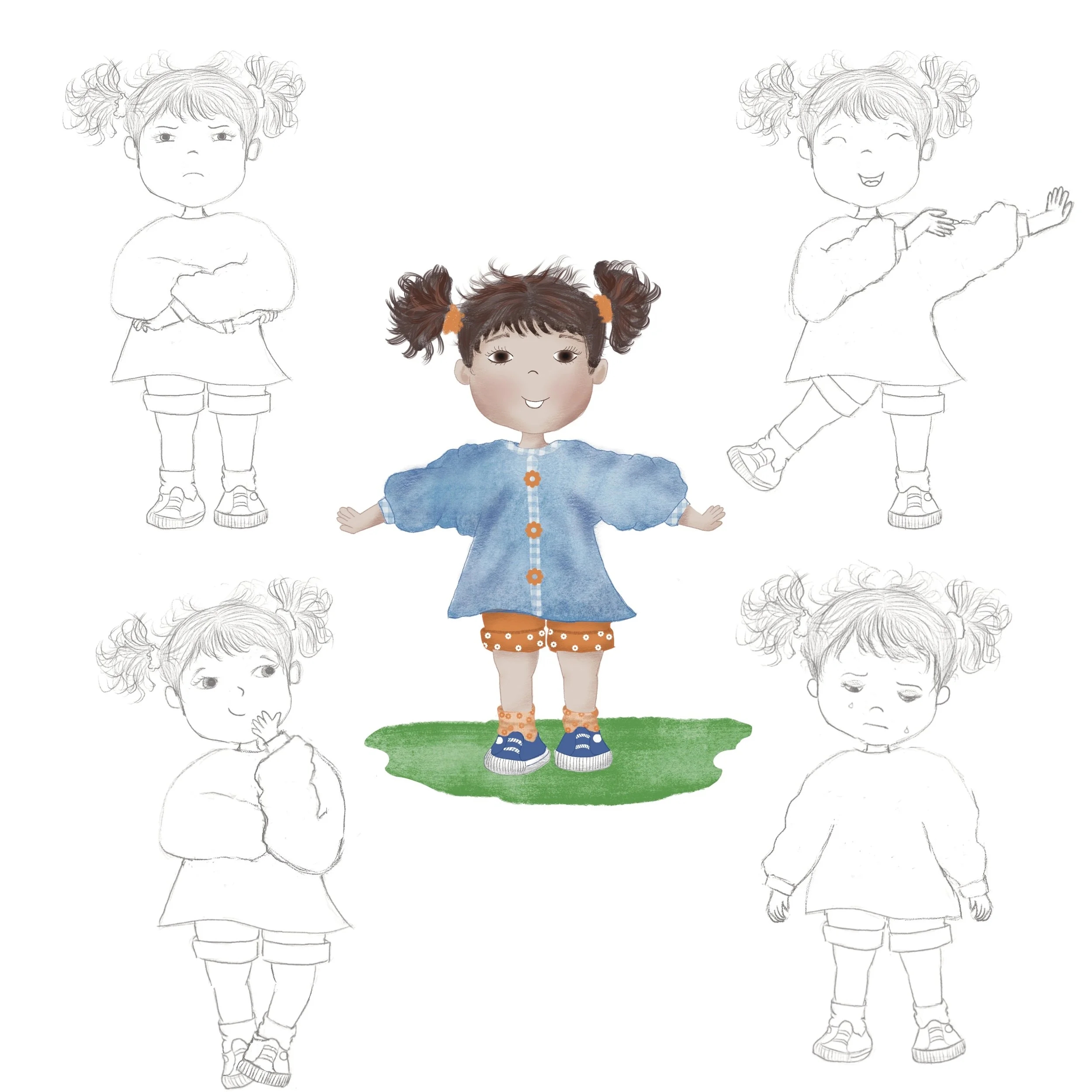 Character development sketch of a young girl for a children’s book illustration by Cristina Dekle.