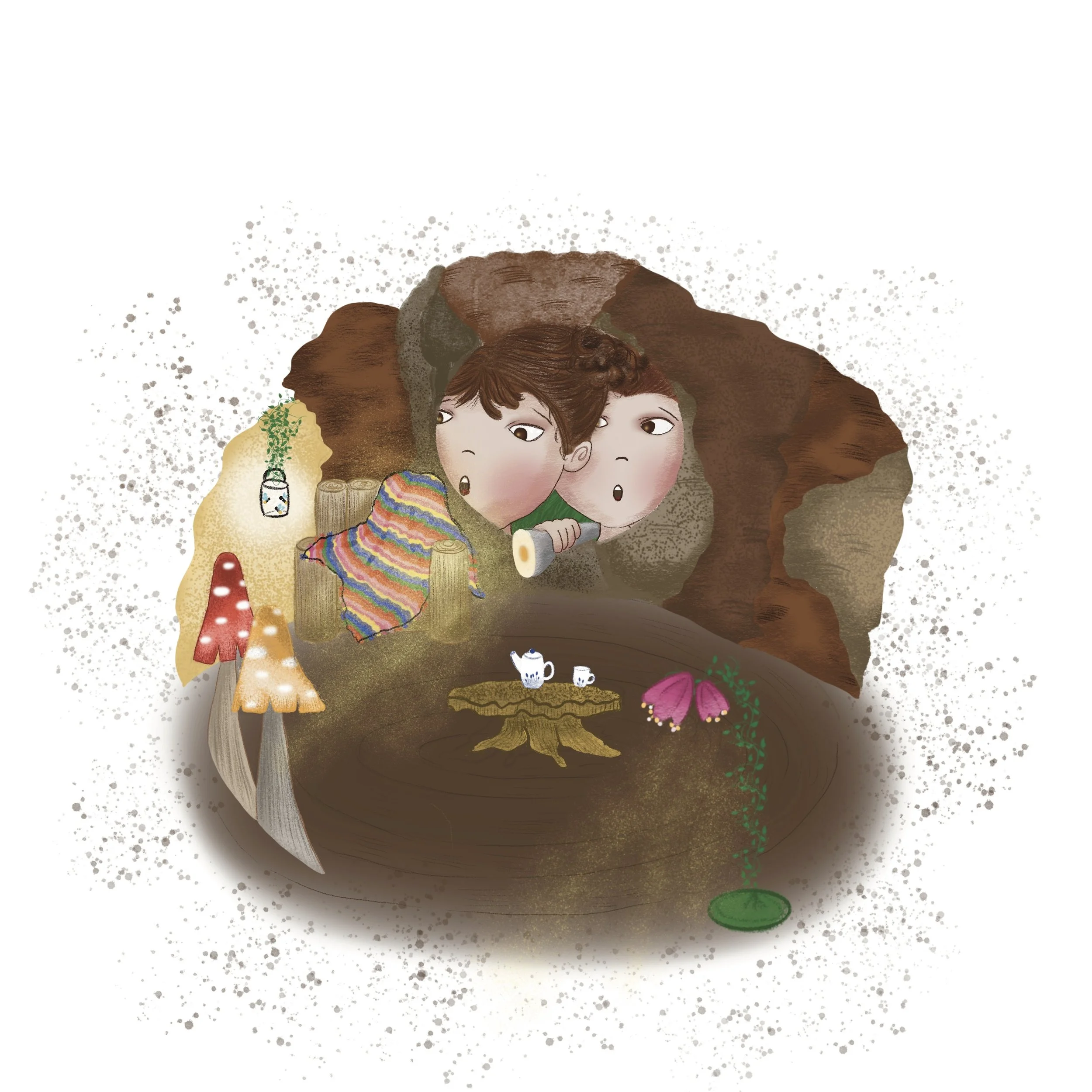 Picture book illustration by Cristina Dekle of two girls discovering Milo's magic house