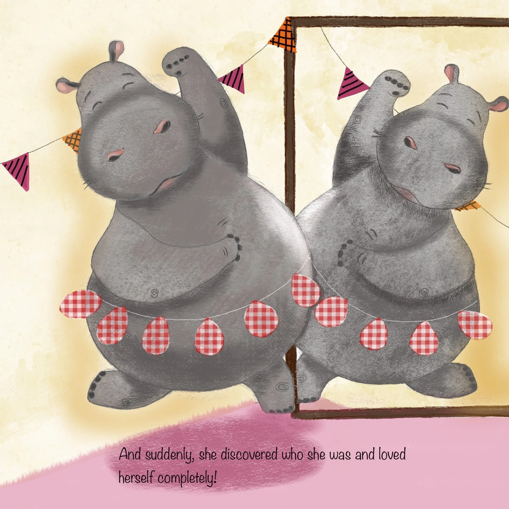 Children's book illustration by Cristina Dekle of a hippo dancing