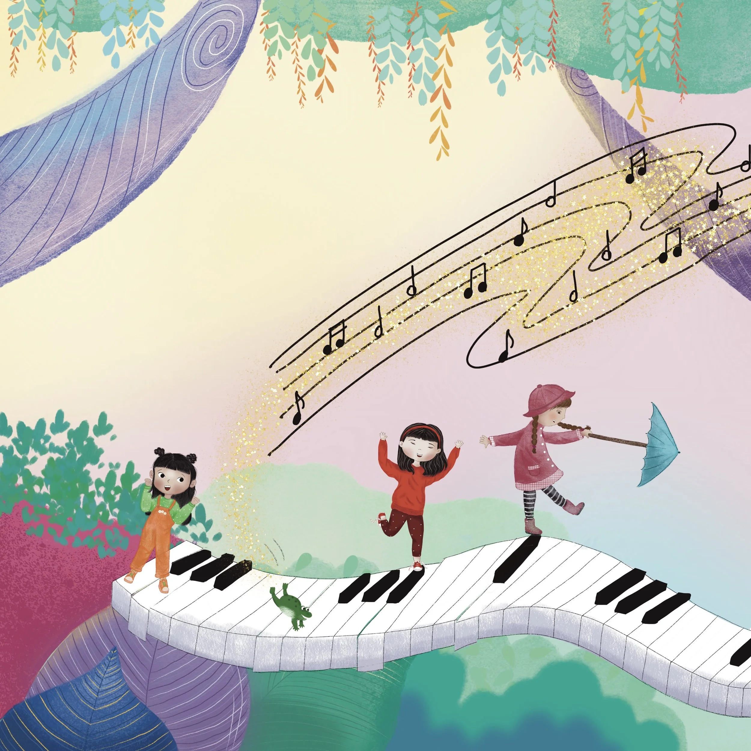Children’s book illustration of three girls and a playful frog gathered around a piano.