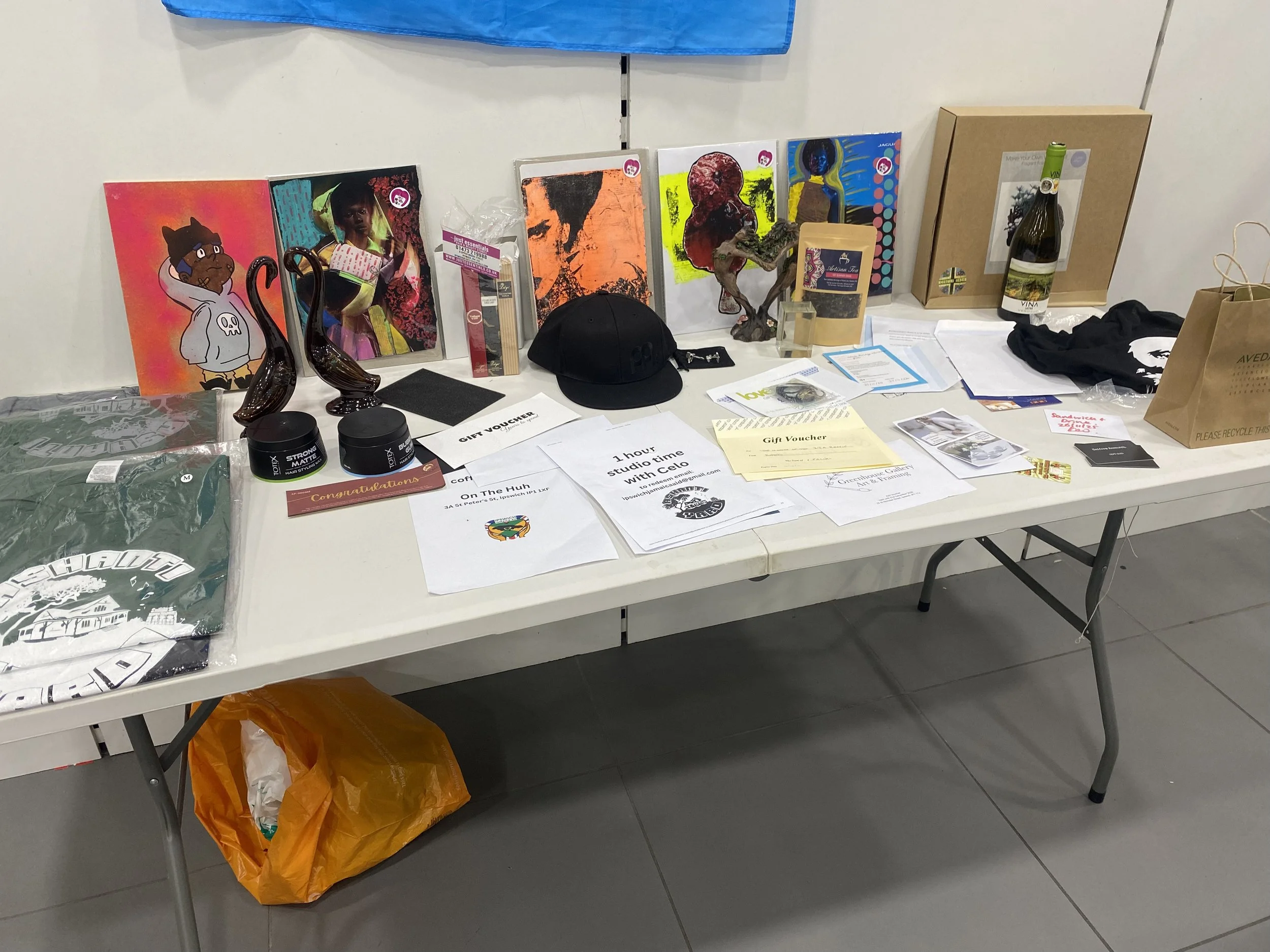 Raffle prizes donated by local businesses to support community-led disaster relief efforts in Jamaica