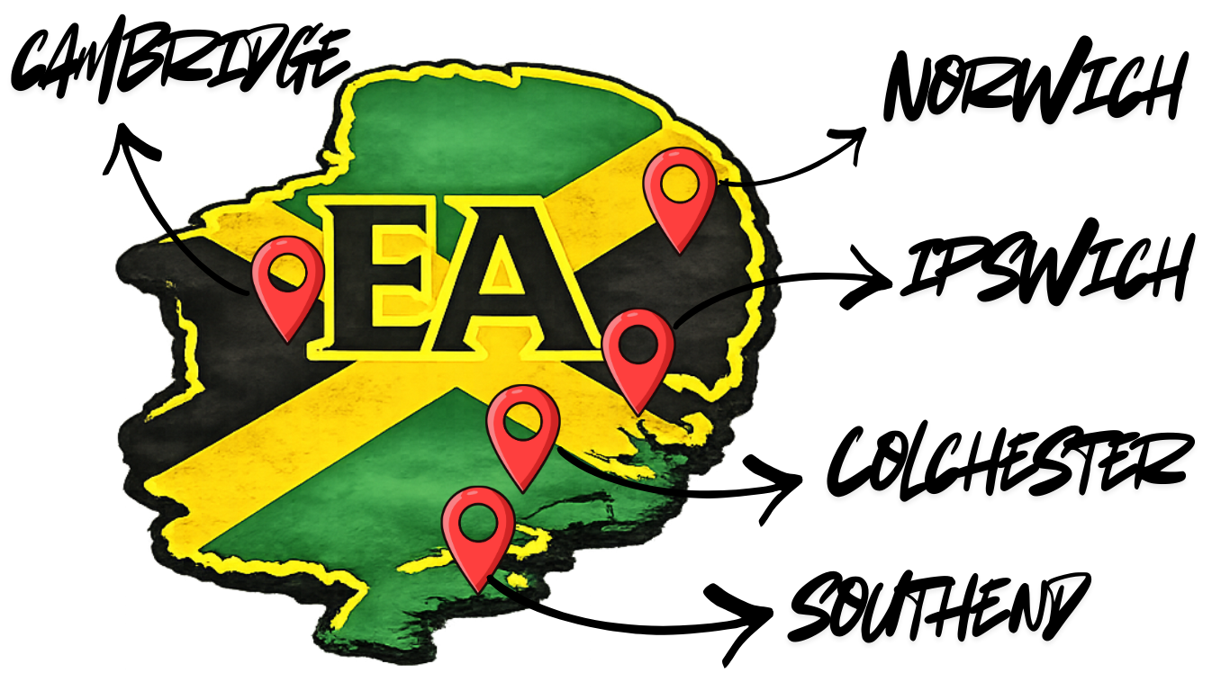 Illustrated map graphic showing East Anglia Jamaica Aid with location pins linking to local community groups