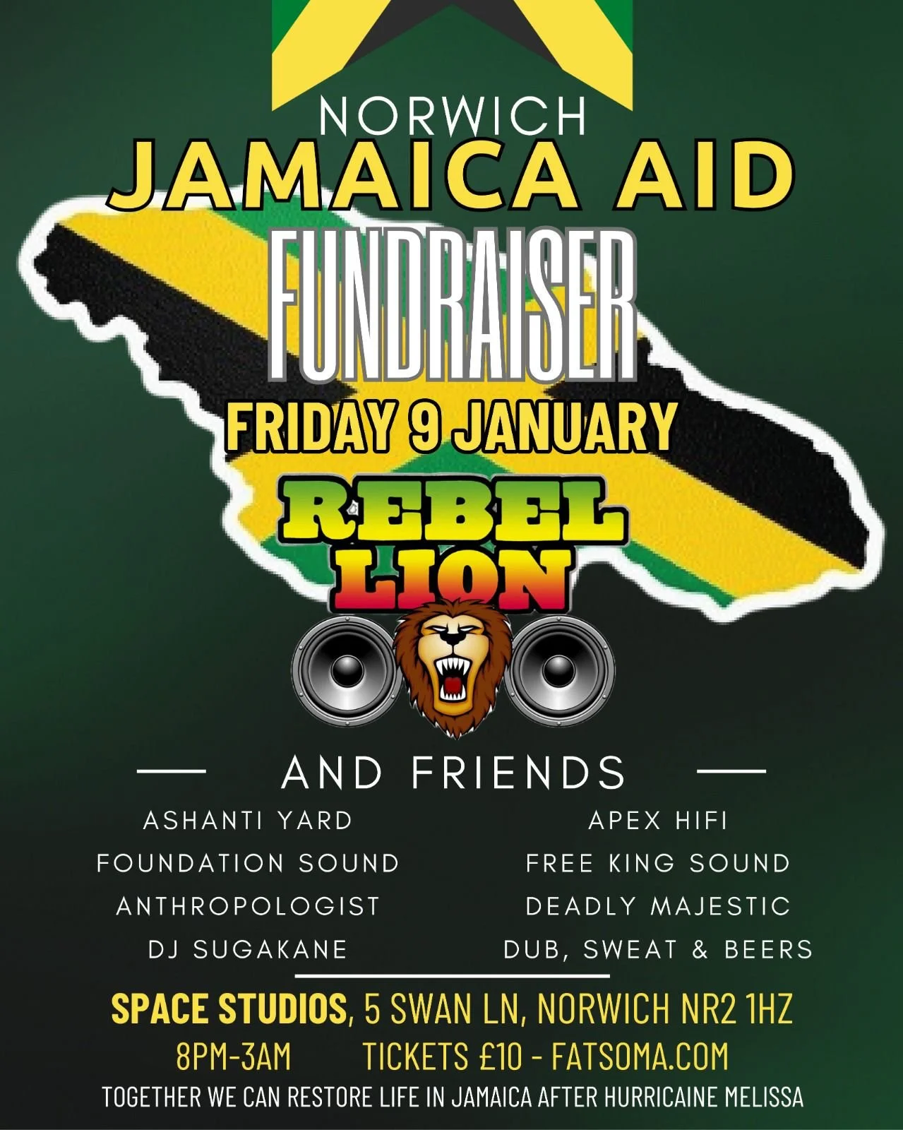 Norwich Jamaica Aid fundraiser at Space Studios featuring Rebel Lion and friends, raising funds for Jamaica hurricane relief