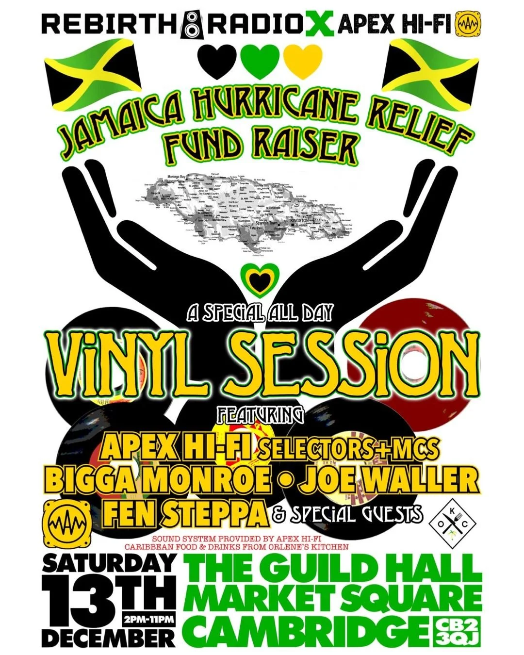 Jamaica hurricane relief vinyl session in Cambridge with Apex Hi-Fi and Rebirth Radio, supporting community-led disaster relief