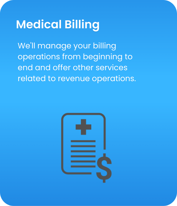 Blue background with the title 'Medical Billing' and a description about managing billing operations, accompanied by an icon of a medical document with a dollar sign.