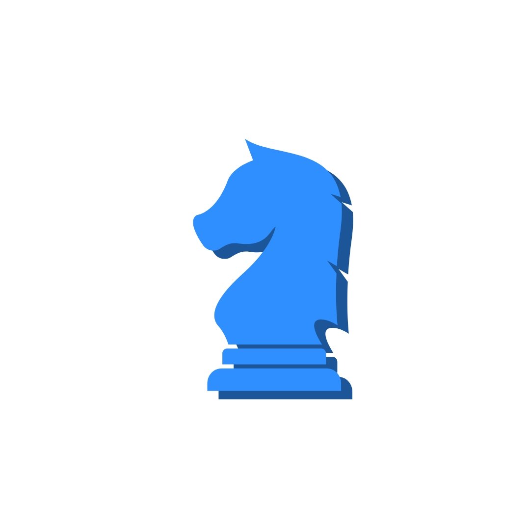Stylized blue knight chess rook piece resembling a horse's head in profile.