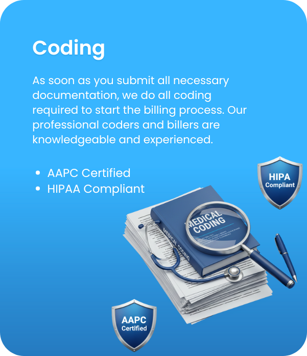 A digital graphic illustrating medical coding services, featuring a magnifying glass over a blue folder labeled "Medical Coding," a stethoscope on top of paperwork, and HIPAA and AAPC compliance shields against a blue background with white and light 