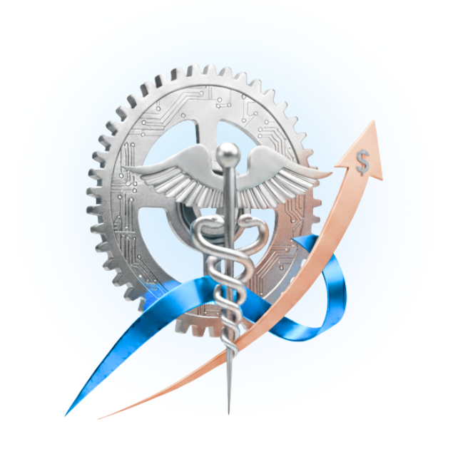 Medical symbol with caduceus, gear, and upward trending arrow.