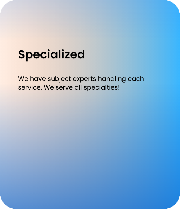 Gradient background with text saying 'Specialized' in bold and a message about subject experts handling various services.