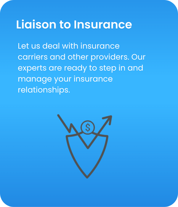 Blue promotional graphic for insurance services with a shield and upward trend arrow icon, and text about insurance carrier management.