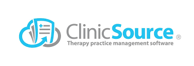 ClinicSource logo with a cloud, a clipboard, and a pen, and the text 'ClinicSource Therapy practice management software'.