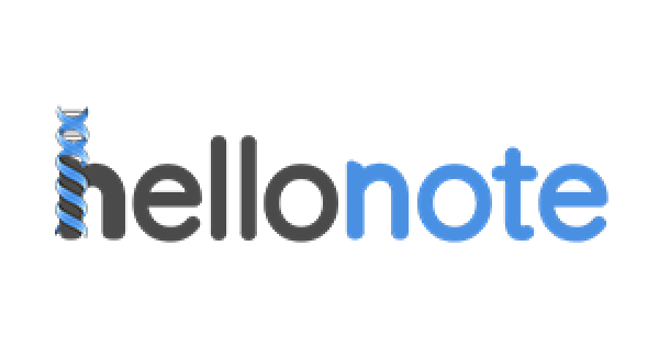 HelloNote logo with a blue ribbon design on the letter 'h' and the text 'hello note' in black and blue.
