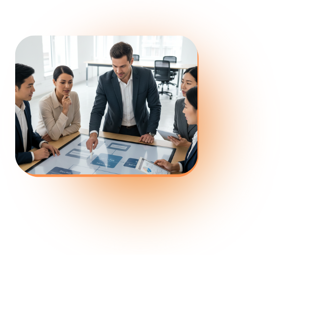 Business team in a modern office discussing a digital presentation on a large screen.