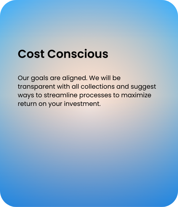 Text on a gradient blue background that reads "Cost Conscious" and explains that their goals are transparent and focused on maximizing return on investment.