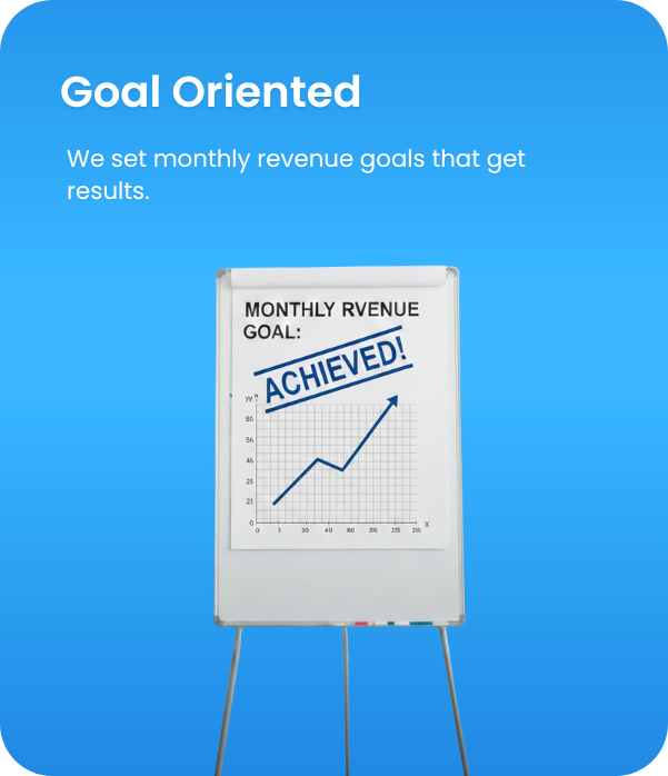 A whiteboard displays a line graph showing revenue growth, with a bold stamp reading 'Achieved!' across the top and a title 'Monthly Revenue Goal' above the graph. The background of the slide is blue, with the heading 'Goal Oriented' and a subtitle a