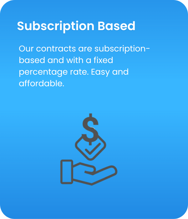 Blue info card with subscription-based billing services text, featuring an icon of a hand holding a price tag with a dollar sign.