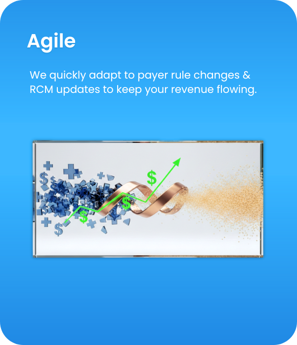 A diagram illustrating Agile financial growth with a dollar sign, an upward arrow, and particles representing money on a monitor screen. The background is blue with a title reading 'Agile' and text about adapting to payer rule changes and revenue upd